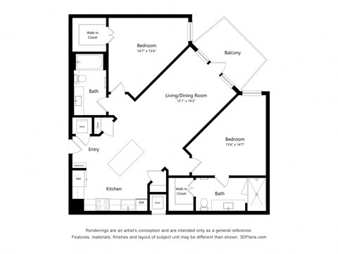 Floor plan for 2 beds, 2 baths, 1333 sqft